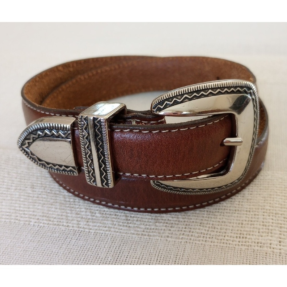 Brazilian Genuine Leather Belt W/3 Pc. Silver Plated Details Brown Size:28 EUC